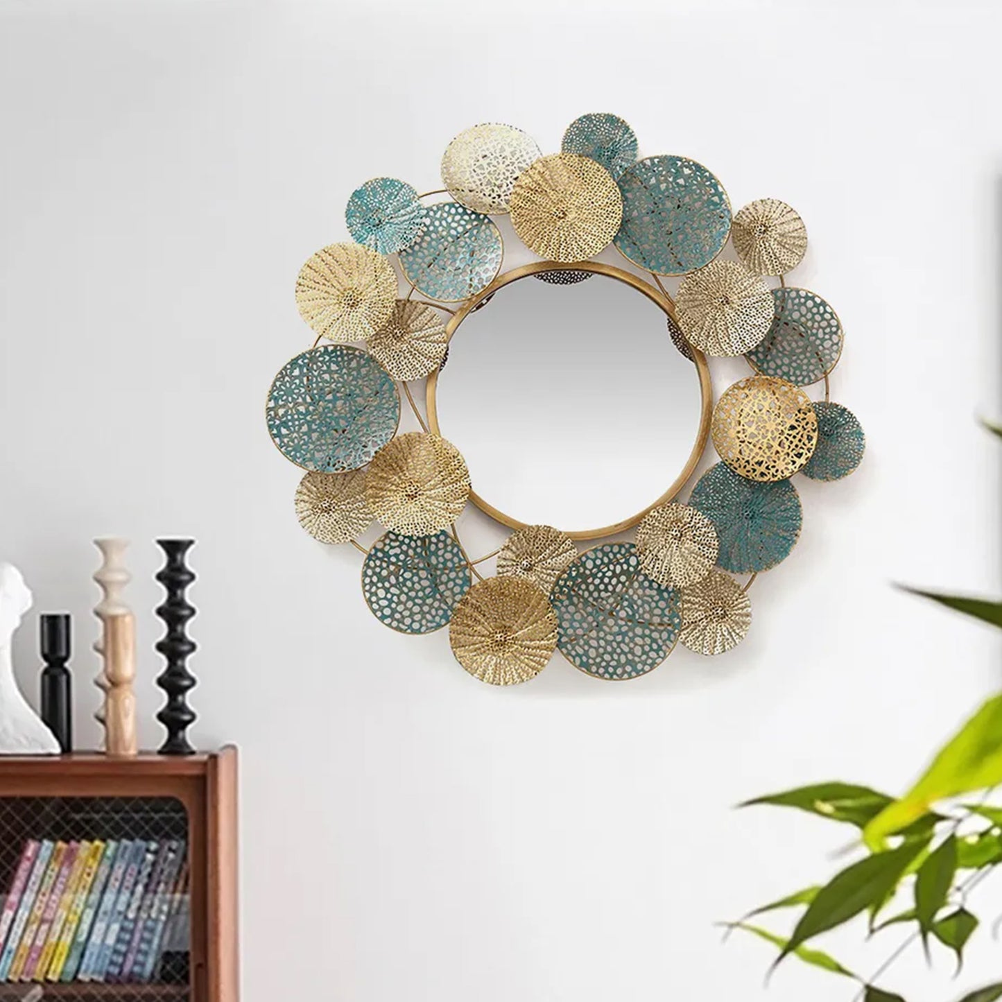 Metal Wall Decorative Mirror Framed with Round Abstract Flowers