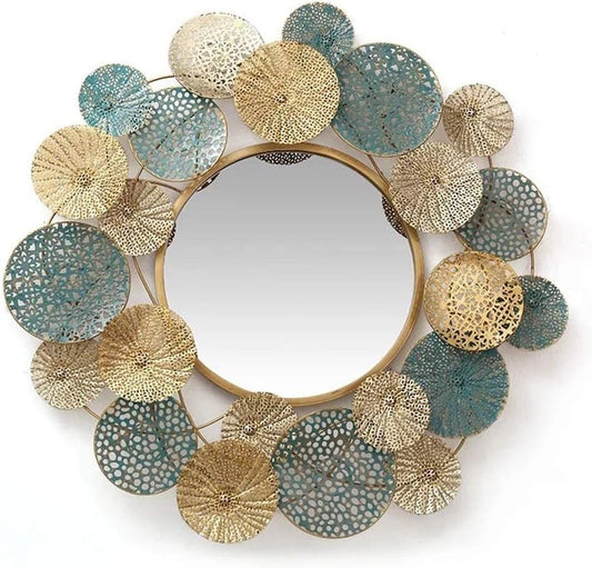 Metal Wall Decorative Mirror Framed with Round Abstract Flowers