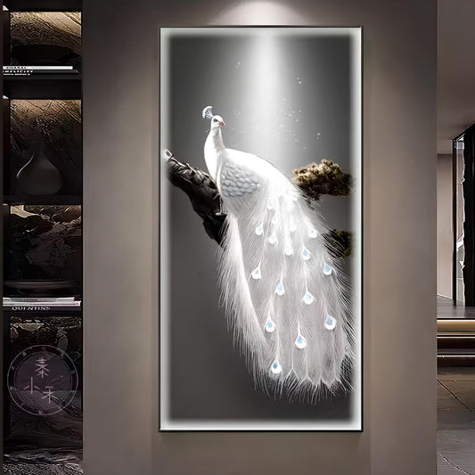 Glamorous White Peacock Crystal Glass Painting