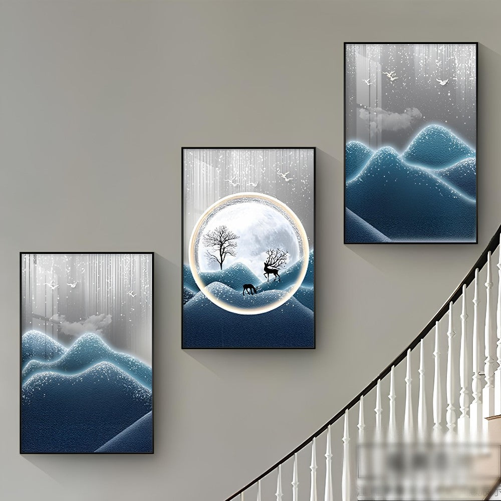 Majestic Blue Mountains Crystal Glass Painting – Set of 3